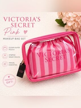 Victoria’s Secret Pink Clear Makeup Bag Set Travel Pouch Gift NWT
